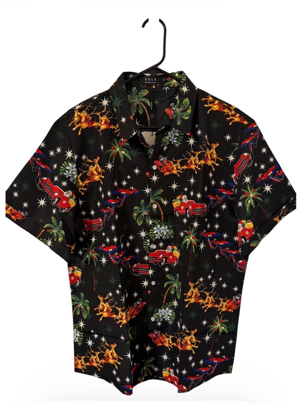 NWT SSLR Men's Large Christmas Hawaiian Shirt Santa Convertible Black